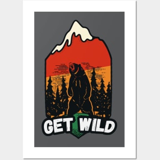 Get Wild // Retro Grizzly Bear Badge Posters and Art